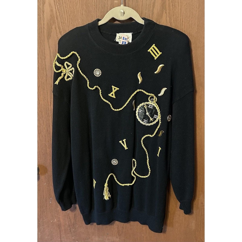 VTG Jaxie's NY Embellished Bling Black Gold Clock Tassels Sweater Sz M Tub19 USA